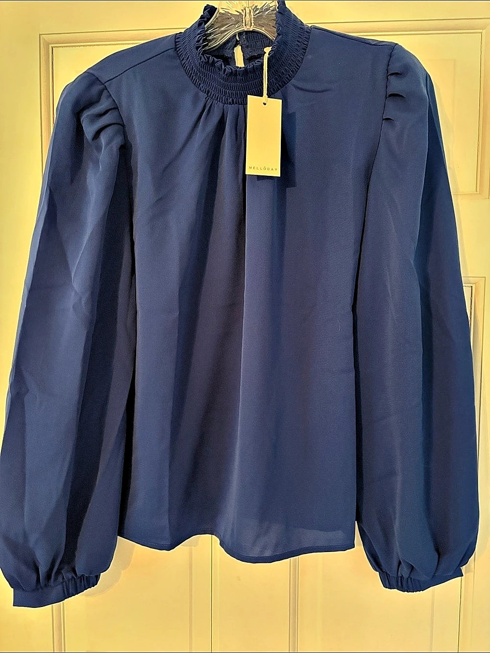 Melloday Smocked Neck Blouse in Blue Size Large NWT